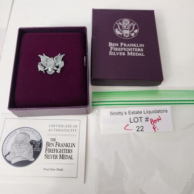 Ben Franklin Firefighters Silver Medal Proof Set 1 troy oz. OGP & COA