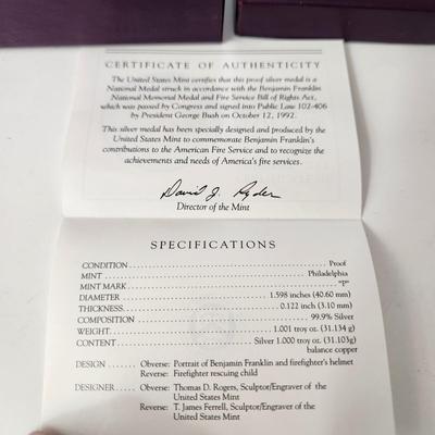 Ben Franklin Firefighters Silver Medal Proof Set 1 troy oz. OGP & COA