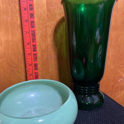 Green glass and opalescent footed jar