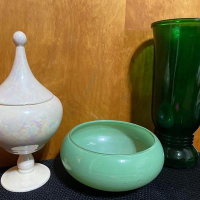 Green glass and opalescent footed jar