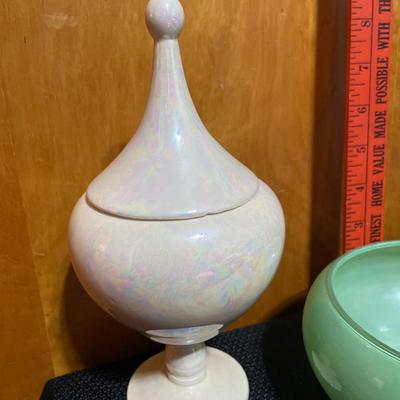 Green glass and opalescent footed jar