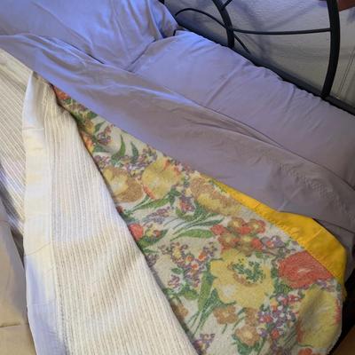 Queen size comforter, pillows, dust ruffle, blankets and sheets