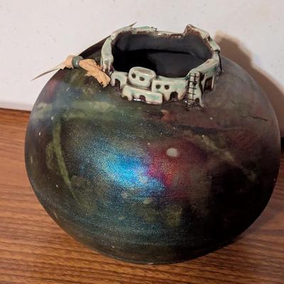 Signed Jeremy Diller Raku Art Pottery Vase Southwestern Copper Iridescent 6 1/2" x 6 1/2"