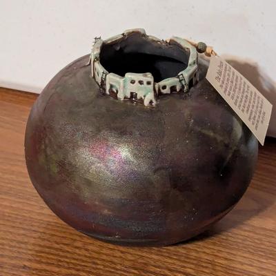 Signed Jeremy Diller Raku Art Pottery Vase Southwestern Copper Iridescent 6 1/2" x 6 1/2"