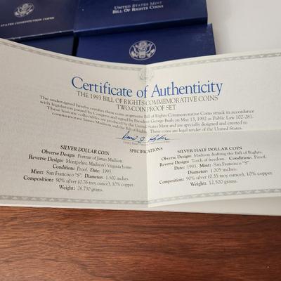 U.S. Mint 1993 Bill of Rights Silver Coins & 1987 Silver Dollar Constitution Coin OGP & COA
