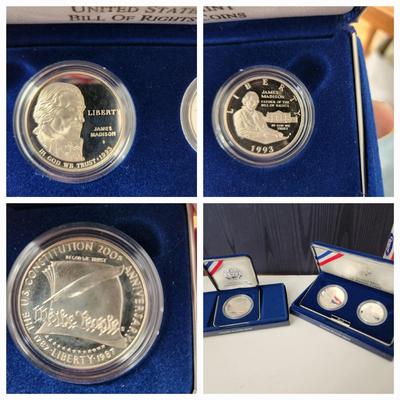 U.S. Mint 1993 Bill of Rights Silver Coins & 1987 Silver Dollar Constitution Coin OGP & COA
