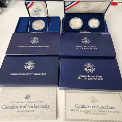 U.S. Mint 1993 Bill of Rights Silver Coins & 1987 Silver Dollar Constitution Coin OGP & COA