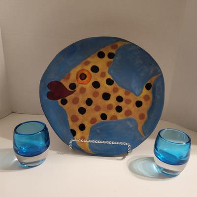 FISH PLATTER - ROCK BRODIE AND 2 CRATE & BARREL VOTIVES FROM POLAND