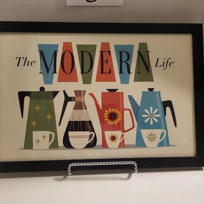 REPRODUCTION MODERN LIFE PICTURE, SYRUP CONTAINER AND SPONGE HOLDER
