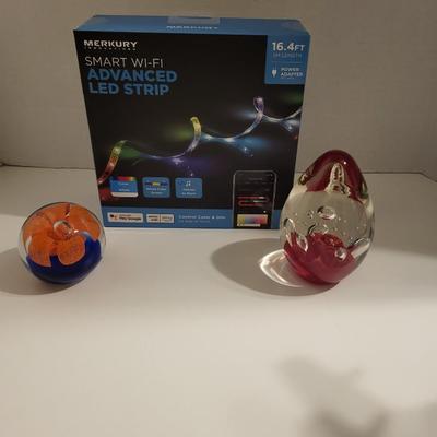 2 HANDCRAFTED GLASS PAPERWEIGHTS & SMART WI-FI LED STRIP