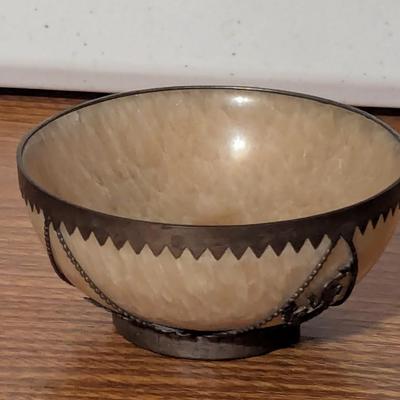 Vintage Asian Stone Bowl Silver Tone Trim Dragon Marked