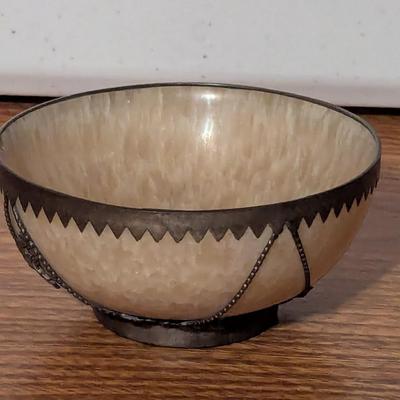 Vintage Asian Stone Bowl Silver Tone Trim Dragon Marked
