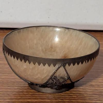 Vintage Asian Stone Bowl Silver Tone Trim Dragon Marked