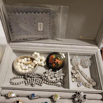 JEWELRY BOX MADE IN DENMARK W/KEY AND VARIOUS PIECES OF VINTAGE JEWELRY