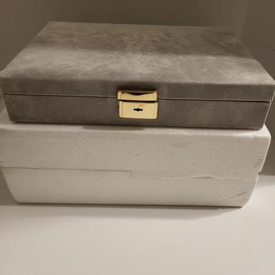 JEWELRY BOX MADE IN DENMARK W/KEY AND VARIOUS PIECES OF VINTAGE JEWELRY