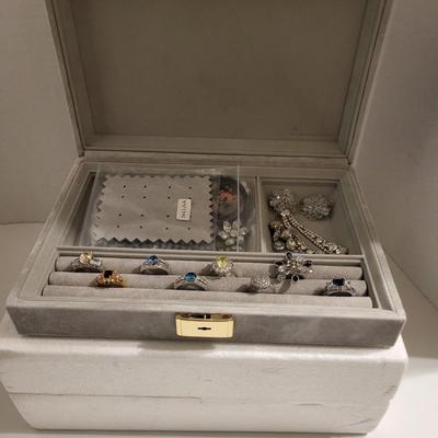 JEWELRY BOX MADE IN DENMARK W/KEY AND VARIOUS PIECES OF VINTAGE JEWELRY