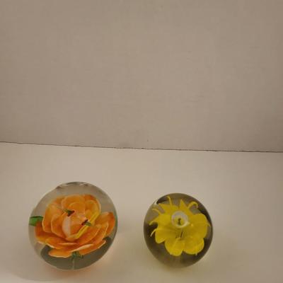 2 HANDCRAFTED GLASS PAPERWEIGHTS, 1 HAS DRAGONFLIES