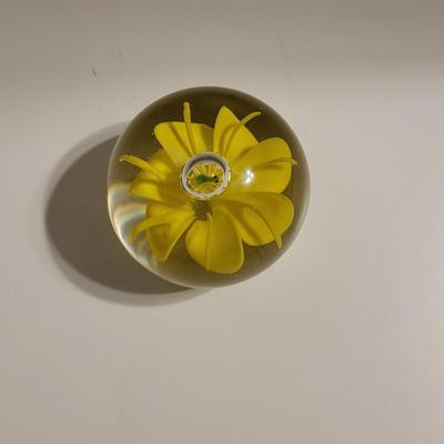 2 HANDCRAFTED GLASS PAPERWEIGHTS, 1 HAS DRAGONFLIES