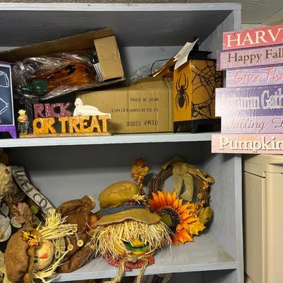 2 shelves of fall decor