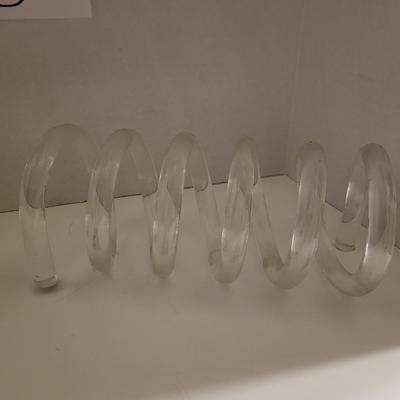 MID-CENTURY ACRYLIC WHALE AND LETTER HOLDER PLUS LUCITE ABALONE TRIVET