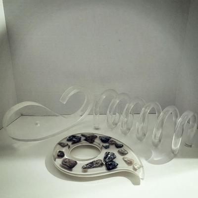 MID-CENTURY ACRYLIC WHALE AND LETTER HOLDER PLUS LUCITE ABALONE TRIVET