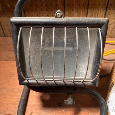 Lights, heater, plastic stool and Rubbermaid stool tool box combo