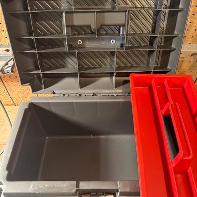 Lights, heater, plastic stool and Rubbermaid stool tool box combo