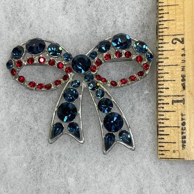 Vintage Patriotic Rhinestone Bow Pin
