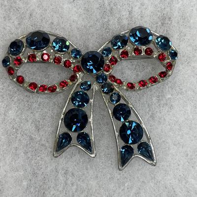 Vintage Patriotic Rhinestone Bow Pin