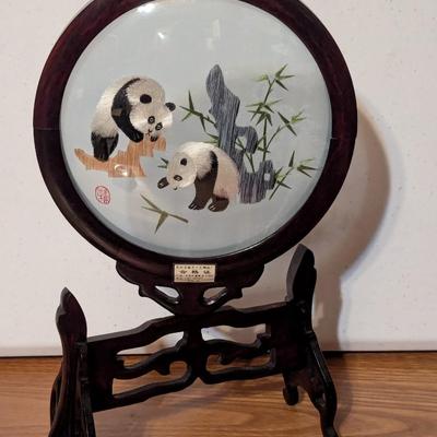Chinese Panda Embroidery Table Double Sided Screen Decor Wood Rack With Box
