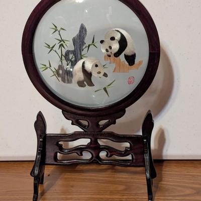Chinese Panda Embroidery Table Double Sided Screen Decor Wood Rack With Box