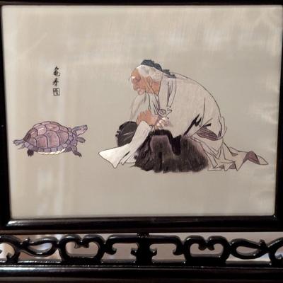 Chinese Embroidery Table Double Sided Screen Decor Wood Rack With Box