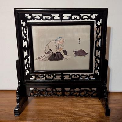 Chinese Embroidery Table Double Sided Screen Decor Wood Rack With Box