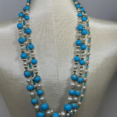 Vintage Long Beaded 3 Strand Necklace