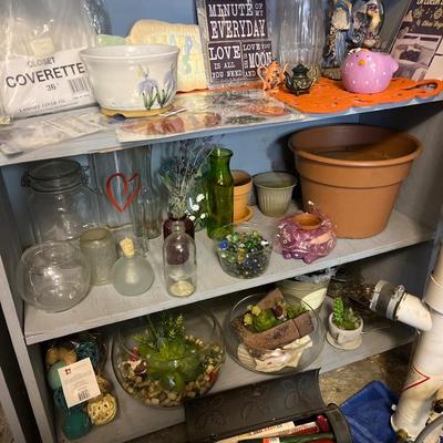 3shelves of vases and misc. decor