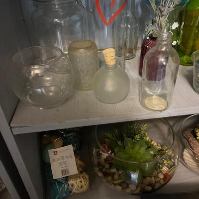 3shelves of vases and misc. decor