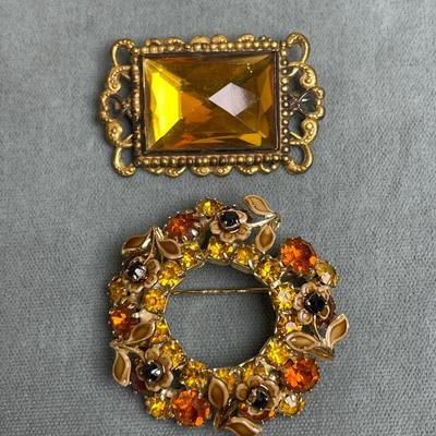 2 Vintage Glass and Rhinestone Pins