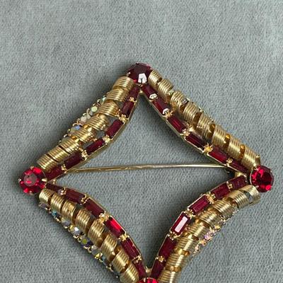 Vintage Red Rhinestone Brooch