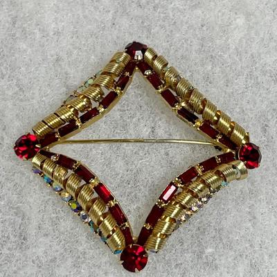 Vintage Red Rhinestone Brooch
