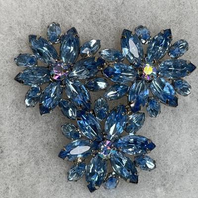 Large Vintage Blue Rhinestone Brooch