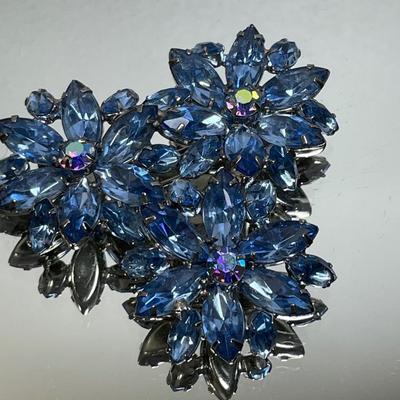 Large Vintage Blue Rhinestone Brooch