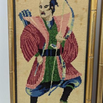 Vintage Samurai Soldier & Geisha Blue Peacock Robe Needlepoint Crewel Framed Bamboo Frame 18 1/2" x 10 1/2"