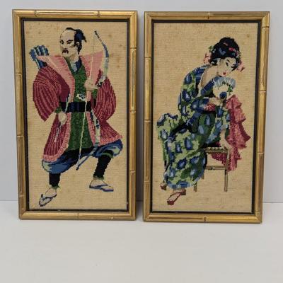 Sale Photo Thumbnail #858: Vintage Samurai Soldier & Geisha Blue Peacock Robe Needlepoint Crewel Framed Bamboo Frame 18 1/2" x 10 1/2"