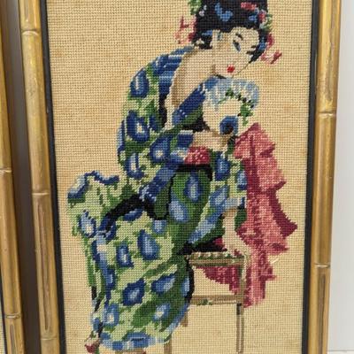 Vintage Samurai Soldier & Geisha Blue Peacock Robe Needlepoint Crewel Framed Bamboo Frame 18 1/2" x 10 1/2"