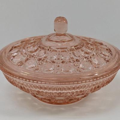 MCM Indiana Peach Ballad Glass Windsor Button & Cane Lidded Candy Dish