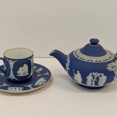 Antique Dark Blue Wedgwood Jasperware Tea Pot Cup & Saucer