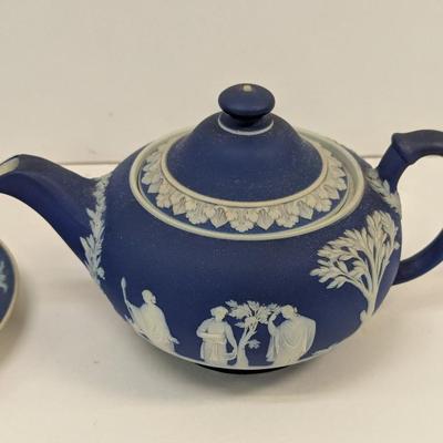 Antique Dark Blue Wedgwood Jasperware Tea Pot Cup & Saucer