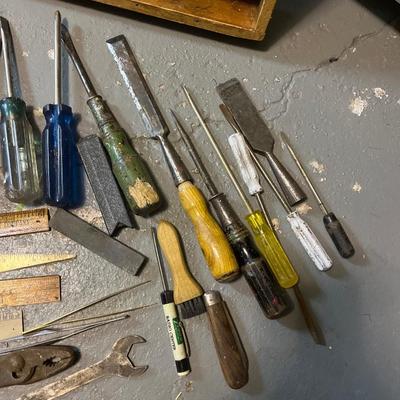 Misc old tools and wood box