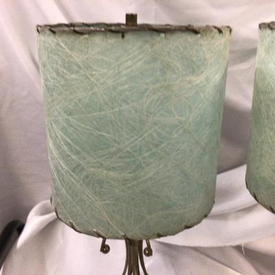 Vintage MCM Black Glass and Metal Table Lamps with Blue Spaghetti Lamp Shades