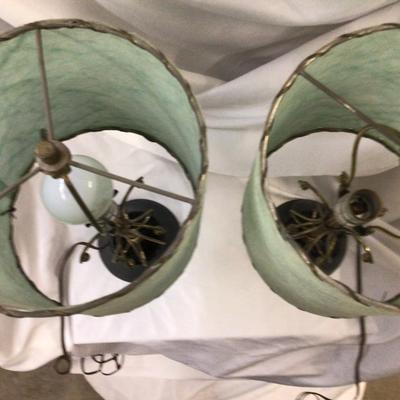 Vintage MCM Black Glass and Metal Table Lamps with Blue Spaghetti Lamp Shades